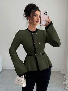 SHEIN Elenzya Suéter elegante de mujer con cuello redondo y diseño de botones delanteros en contraste de color - Verde - Ver 6