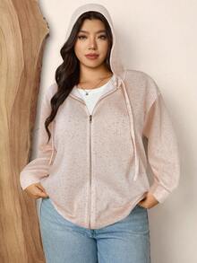 Zelara Moletom com Zíper de Manga Longa com Ombros Caídos Plus Size, Moletom Casual Solto Versátil com Zíper, Suéter com Zíper Plus Size para Mulheres - Laranja - Visão 4