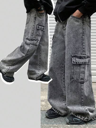 SHEIN Bolty Tween Boy 时尚休闲 Y2k 复古酷炫街头风混搭口袋设计灰色牛仔宽松直筒牛仔裤，适合儿童日常穿着，也适合秋冬季参加锐舞派对、节日活动和街头服饰。