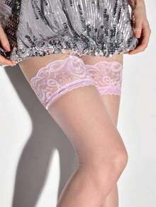 ROMWE Anime 2双可爱款式宽边蕾丝过膝袜，性感黑粉色学院风袜子，超薄弹力透气丝袜 - 黑粉色 - 查看 6