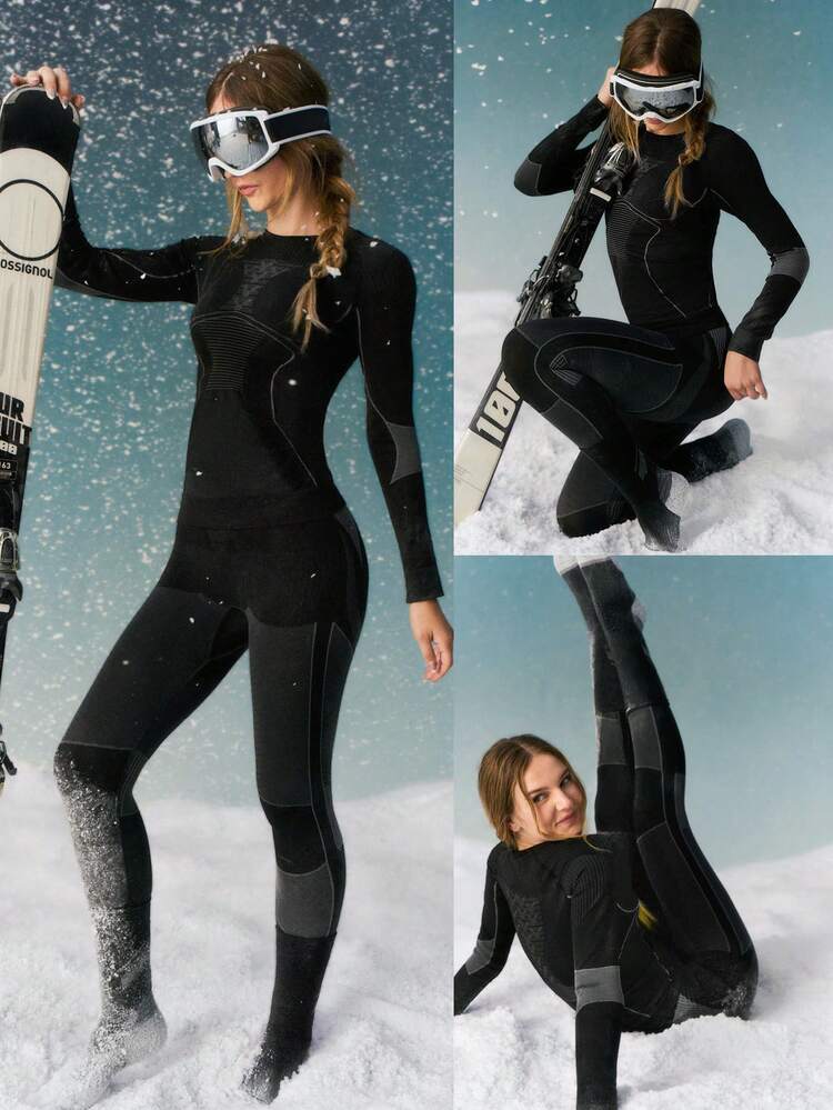 Nahtloses, zweite Haut-artiges Kompressionsshirt mit 3D-Wellenmuster, schweißableitend, für Skifahren, Herbst, Winter, Schnee und Outdoor-Aktivitäten