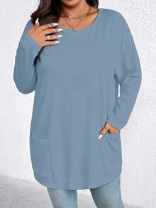 EMERY ROSE Plus Size Casual Solid Color Double Pocket T-Shirt, Versatile For Autumn - Blue - View 3