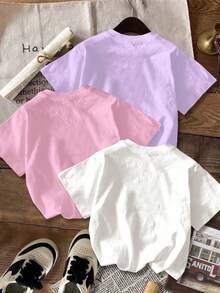 SHEIN Leap Crew 3件套 白色、亮粉色、淡紫色 少女卡通人物LUMINA印花休闲圆领短袖基础款T恤，适合日常穿着、外出、上学、度假 - 彩色 - 查看 2