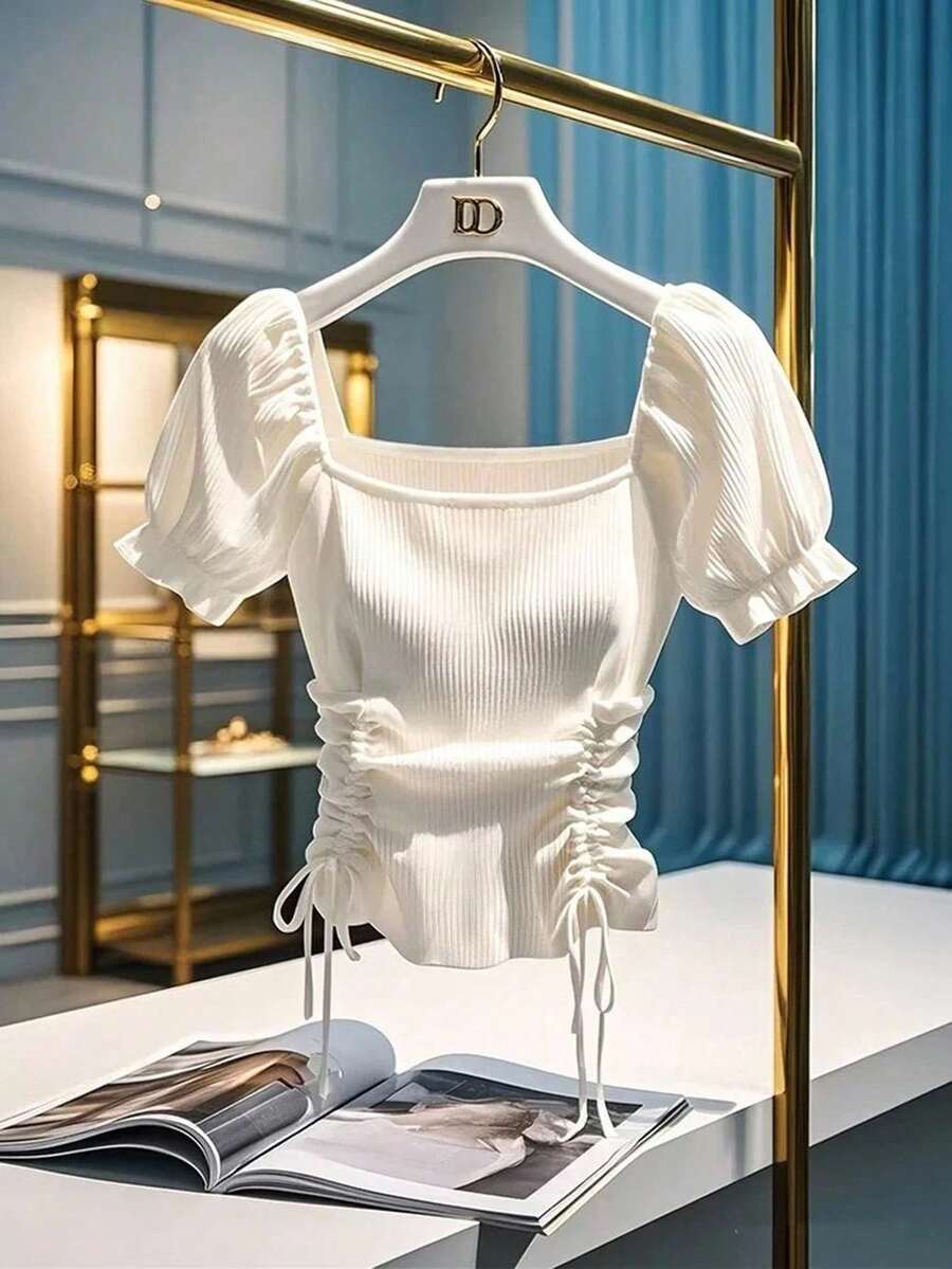 GlowEve New Popular Exquisite Pit Stripe Square Collar Puff Sleeve Pleated Slimming Women's T-Shirt,Summer