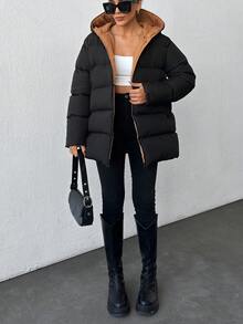 RueChic Padded Jacket With Belt, Wide Cut, Drop Shoulder Sleeves And Side Pockets, Colour Contrast Lining - Black - View 4