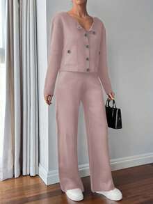 EURMUSE Conjunto casual de 2 piezas de mujer con cárdigan de punto de manga larga de un solo botonadura y pantalones de punto, otoño/invierno - Rosa vieja - Ver 5