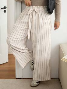 SHEIN Frenchy Pantalones anchos de talla grande para mujer con cordón, estilo casual y de rayas sueltas - Multicolor - Ver 4