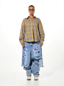 SUMWON WOMEN 超大格纹纽扣衬衫，背面印花长袖翻领衬衫，秋冬款 - 黃色 - 查看 5