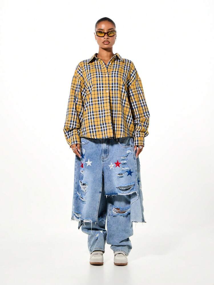 SUMWON WOMEN Oversized Plaid Button Down Shirt With Back Print