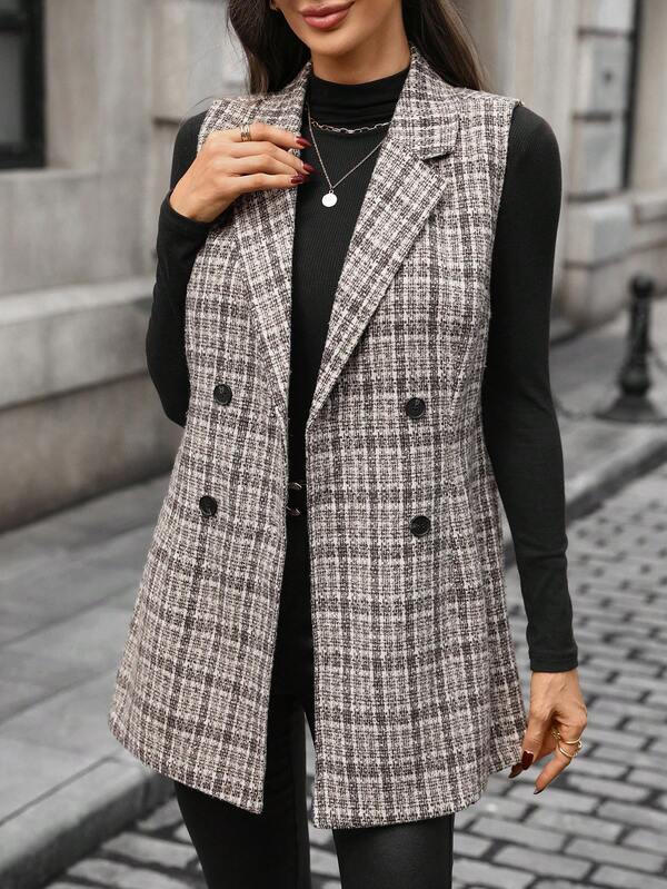 EMERY ROSE Women's Plaid Print Double-Breasted Sleeveless Regular Jacket