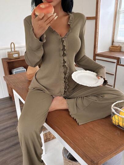 Ruffle Neck Long Sleeve Pants Pajama Set view 6