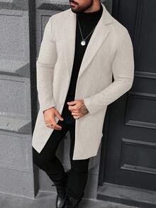 Manfinity Mode 男士纯色翻领单排扣休闲大衣，秋冬男士长款大衣，米色/奶油色/米色/欧式休闲风 - 杏色 - 查看 6