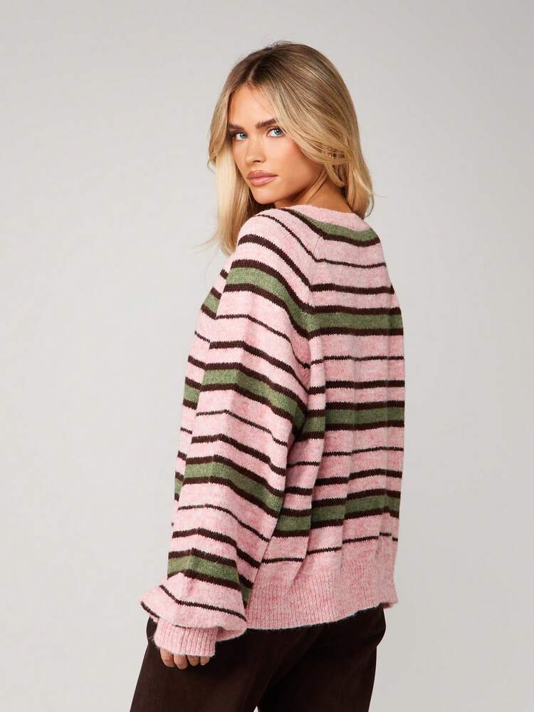 MISSGUIDED Fluffy Knitted Striped Sweater With Long Sleeves For Fall Winter Casual Wear