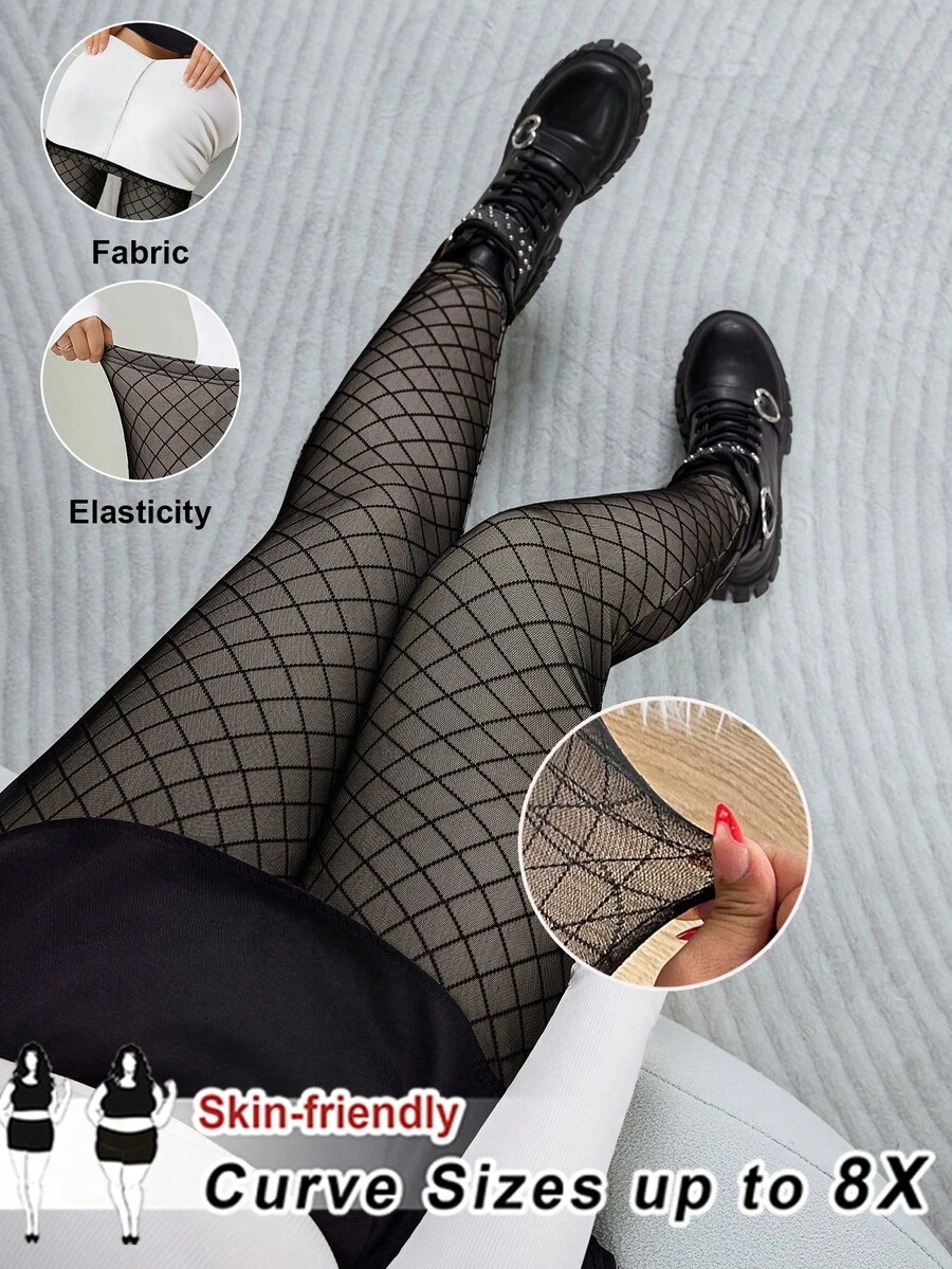 SHEIN CURVE+ Leggings in morbido pile di pecora con tessuto in rete nera, adatti per l'autunno e l'inverno - nero - Visualizzare 1