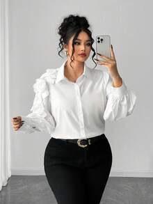 SHEIN Elenzya 大码女式纯色长袖单排扣优雅衬衫，饰有3D立体花卉图案 - 白色 - 查看 3