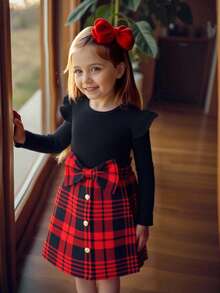 SHEIN Girl 2Pcs Velvet Square Neck Gigot Sleeve Tee Top & Bow Detail Plaid Print Asymmetrical Hem Skirt Outfits,Autumn Birthday Cute Casual Preppy For Kids - Black - View 3