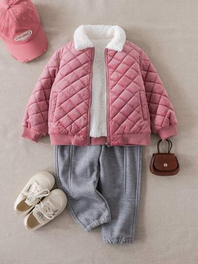 PrepCrw 1pc Young Girl Elegant College Style Casual Urban White Faux Fur Collar Pink Argyle Pattern Long Sleeve Winter Coat, Suitable For Outings, Gatherings, Back To School, Autumn/Winter