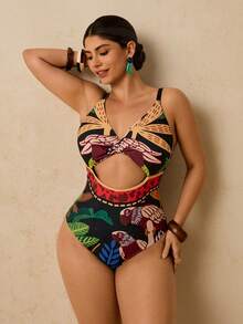 Travachic Traje de baño de una pieza sexy y delgado con estampado de plantas tropicales, con detalle de giro en la parte delantera y hueco, para mujeres de talla grande, para playa y vacaciones casuales - Multicolor - Ver 3