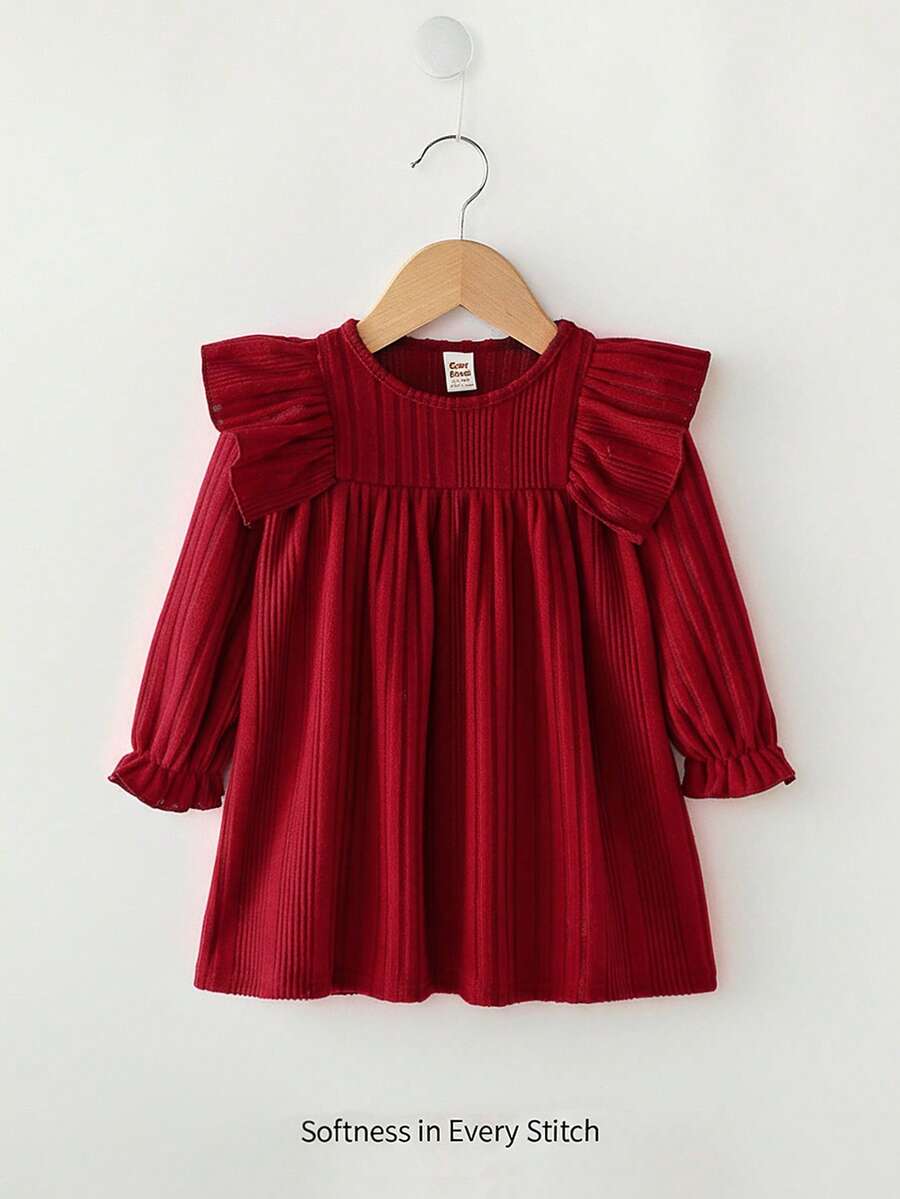 Cozy Pixies Gaun Bayi Perempuan Rajut Warna Polos Lembut dengan Leher Bulat, Hem Berkerut, Pinggang Diikat, Lengan Panjang, Gaun Musim Gugur/Natal - Merah - View 1