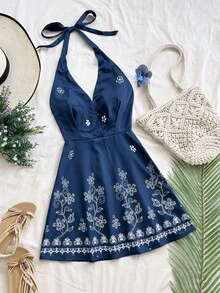Soleia 蓝白花卉复古印花露背系带吊带浪漫休闲度假连衣裙，适合派对、约会、情人节、复活节、狂欢节、下午茶、海滩、邮轮、城市度假等场合，波西米亚风，浪漫花卉图案 - 彩色 - 查看 1