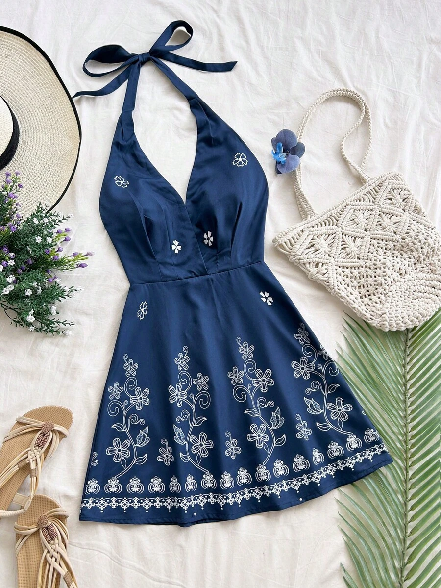 Soleia 蓝白花卉复古印花露背系带吊带浪漫休闲度假连衣裙，适合派对、约会、情人节、复活节、狂欢节、下午茶、海滩、邮轮、城市度假等场合，波西米亚风，浪漫花卉图案 - 彩色 - 查看 1