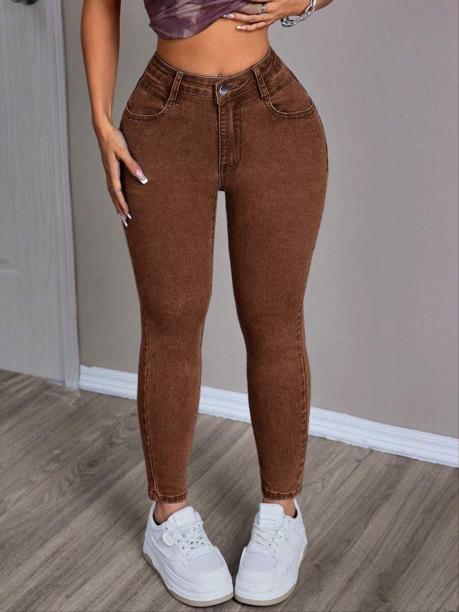 SHEIN PETITE Women's Solid Color Minimalist Everyday Jeans ,Petite Women - Coffee Brown - View 1