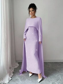 Elenzga 女士秋冬针织圆领长袖伞裙珍珠装饰修身长款派对连衣裙，优雅百搭 - 紫色 - 查看 5