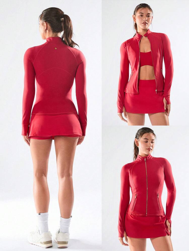 FeatherFit™ Slim-It Streamline Performance Secure Pockets Zip Up Long Sleeve Jacket Low Impact Yoga Pilates Daily Spring Summer