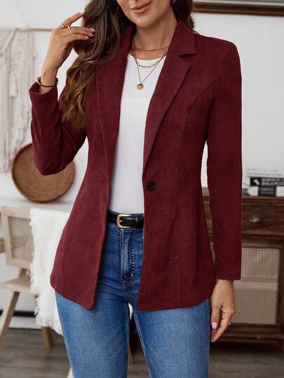 EMERY ROSE Women's Solid Color Lapel NeckLong Sleeve Single Button Casual Blazer