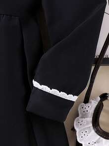 SHEIN Elladie kids Young Girl Cute White Lace Trim Long Sleeve Comfortable Black Autumn/Winter Dress - Black - View 7