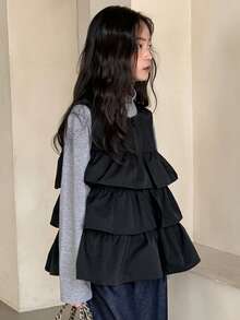 DAZY 少女无袖圆领外套，秋季款 - 黑色 - 查看 5