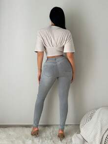 SHEIN SXY Women's Solid Deep V-Neck Batwing Short Sleeve Ribbed Fitted T-Shirt - Apricot - View 2