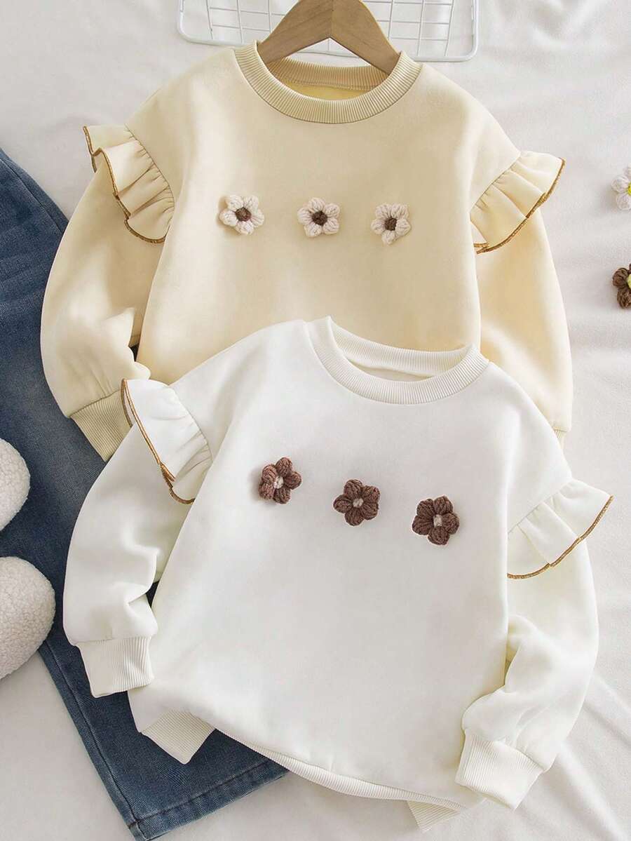 Genkimix Kids 2款少女休闲时尚风3D立体花卉装饰宽松褶皱滚边卫衣,适合秋季、冬季及冬季穿着 - 彩色 - 查看 1