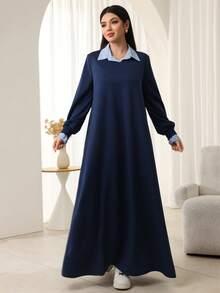 SHEIN Najma 女士条纹衬衫领长袖喇叭下摆连衣裙 - 藏蓝色 - 查看 5