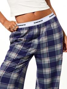 SUMWON WOMEN 休闲格子裤，松紧腰带设计，居家休闲睡衣舒适百搭 - 藍色 - 查看 4