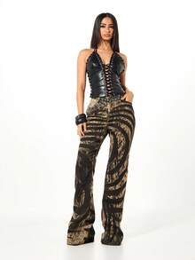SUMWON WOMEN Low Rise Printed Denim Flare Jeans With Abstract Zebra Pattern And Crossed Waistband Detail - Multicolor - View 3