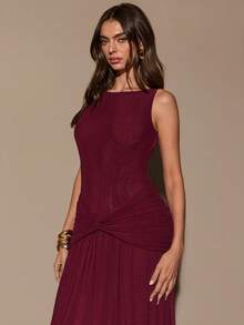 SHEIN BAE Đầm Maxi Không Tay Cổ Tròn, Thắt Lưng Xoắn Màu Đỏ Burgundy Cho Nữ, Đầm Dài Thanh Lịch, Sang Trọng, Thích Hợp Cho Ngày Lễ Tình Nhân, Tiệc Tùng, Hẹn Hò Lãng Mạn, Phù Dâu, Sinh Nhật, Giáng Sinh - Màu Đỏ Sâu - Xem 5