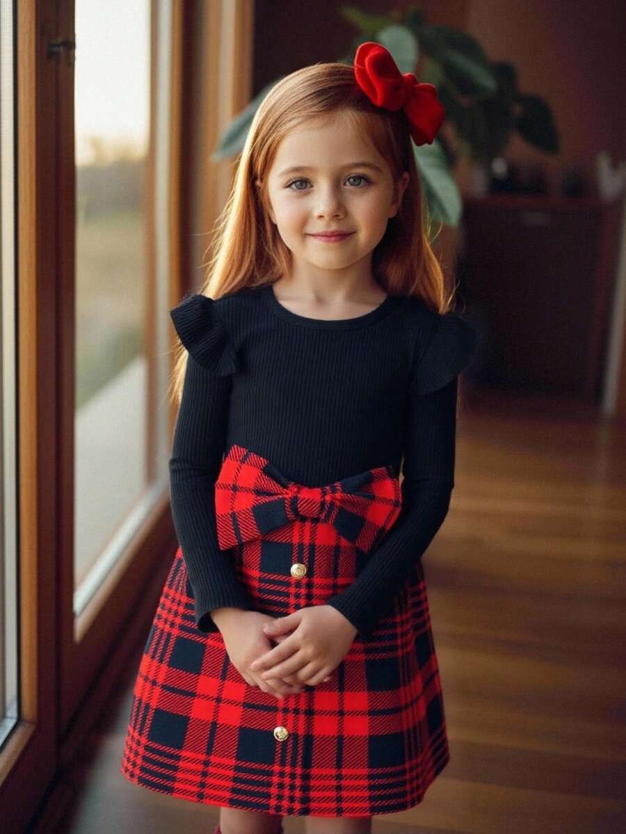 SHEIN Girl 2Pcs Velvet Square Neck Gigot Sleeve Tee Top & Bow Detail Plaid Print Asymmetrical Hem Skirt Outfits,Autumn Birthday Cute Casual Preppy For Kids - Black - View 1