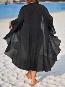 Swim Lushoire 大码女式 1 件纯黑色和服外套，简约成熟夏季海滩度假罩衫，轻盈宽松时尚泳袍长袖罩衫和服