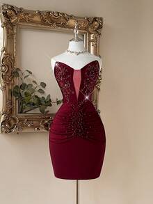 Lovelzi Eleganter, luxuriöser, perlenbesetzter, elastischer Strickbadeanzug mit geraffter, bestickter Applikation, sexy Schlitz, geeignet für Hochzeit, Party, Urlaub, Ball, Cocktailkleid (stark verziert), Valentinstag - Bordeaux - Übersicht 1