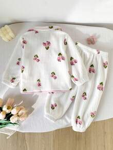 SHEIN 2pcs Baby Girls' Casual Cherry Print Long Sleeve Top And Pants Homewear Set Pajama Baby Set Baby Girl Warm Pajama Sets Toddler Pijama Cotton Girl Toddler Girl Pajama Set - Baby Pink - View 2