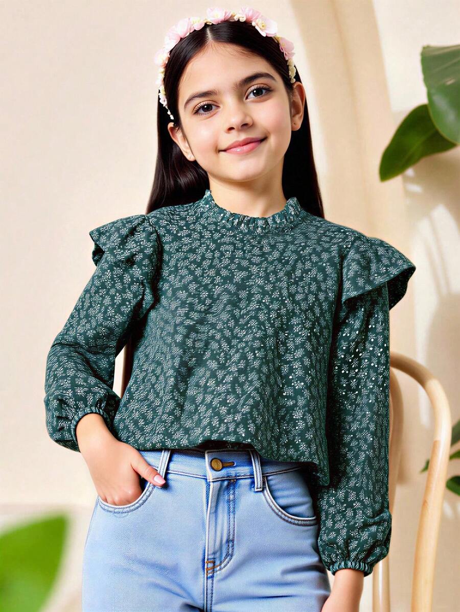 Tween Girl Ditsy Floral Lantern Sleeve Ruffle Trim Blouse