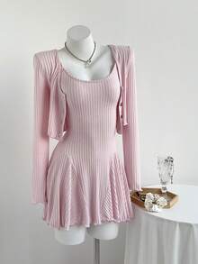 Elamini 2pcs/Set Women Ribbed Knit Cardigan & Ruched Waist A-Line Mini Dress Outfit, Pink, Spring/Autumn - Pink - View 1