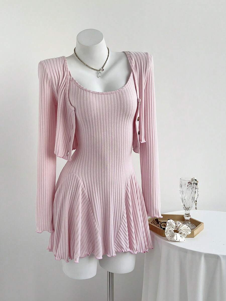 Elamini 2pcs/Set Women Ribbed Knit Cardigan & Ruched Waist A-Line Mini Dress Outfit, Pink, Spring/Autumn - Pink - View 1