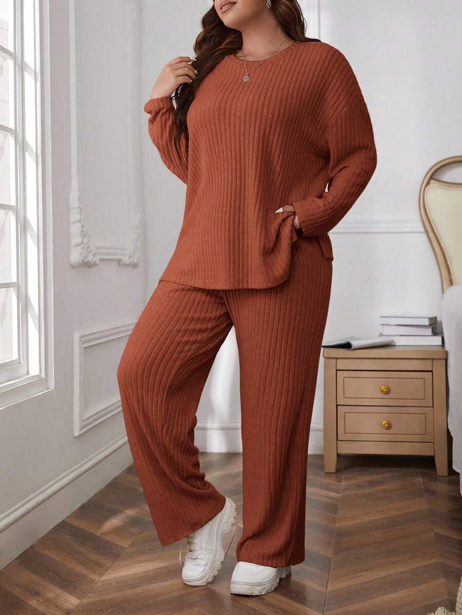 SHEIN Essnce Plus Size Women Solid Color Ribbed Drop Shoulder Top & Pants 2 Pieces Set/Winter - Coral Orange - View 1