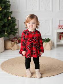 SHEIN 2pcs Baby Girls Classic Black & Red Plaid A-Line Sweater Top And Black Knit Leggings Set, Suitable For Everyday Wear And Holiday Celebrations - Black - View 3