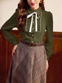 Vintamour Vintage Elegant Women Shirt Contrast Trim Bowknot Frill Trim Button Casual Blouse For Work Vacation Autumn Fall Winter Christmas, Elegant Women's Blouses Green School