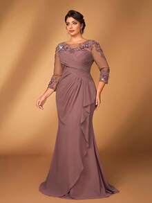 Serin 大码女士优雅灰粉色雪纺圆领薄纱长袖褶皱亮片贴花装饰美人鱼裙摆连衣裙，适合新娘/新郎母亲出席婚礼、正式活动、派对等场合。 - 藕粉色 - 查看 6