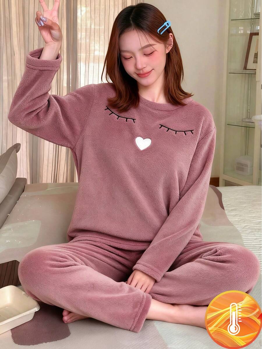 女童舒适卡通刺绣长袖上衣和裤子睡衣套装，秋冬 - 粉色 - 查看 1