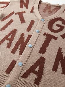 Manfinity Roghcode Áo khoác cardigan dệt kim dài tay, cài khuy đơn họa tiết chữ dành cho nam, mùa thu/đông - Màu Khaki - Xem 3